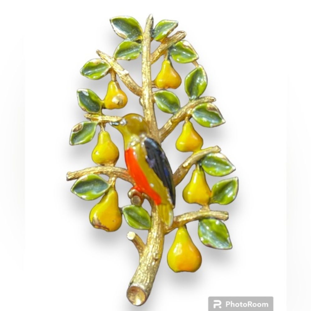 Vintage Cadoro Partridge in a Pear Tree Brooch/Pin 1940s/50s 3”